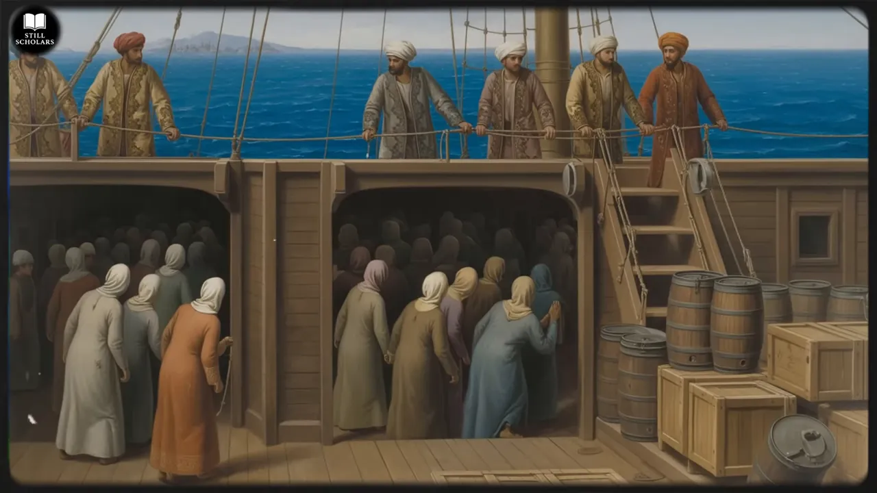 Drawing of a period ship with arrangements for human cargo