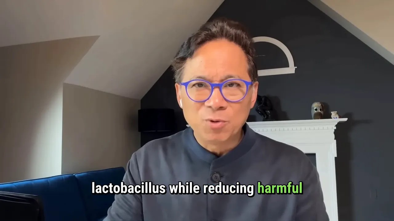 Screenshot with on-screen text about Lactobacillus while reducing harmful bacteria during extra virgin olive oil intake