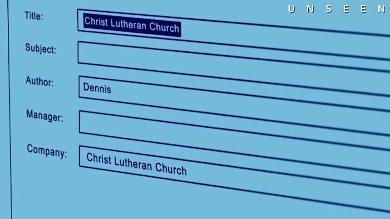 Forensic screen showing metadata with 'Dennis' and 'Christ Lutheran Church'