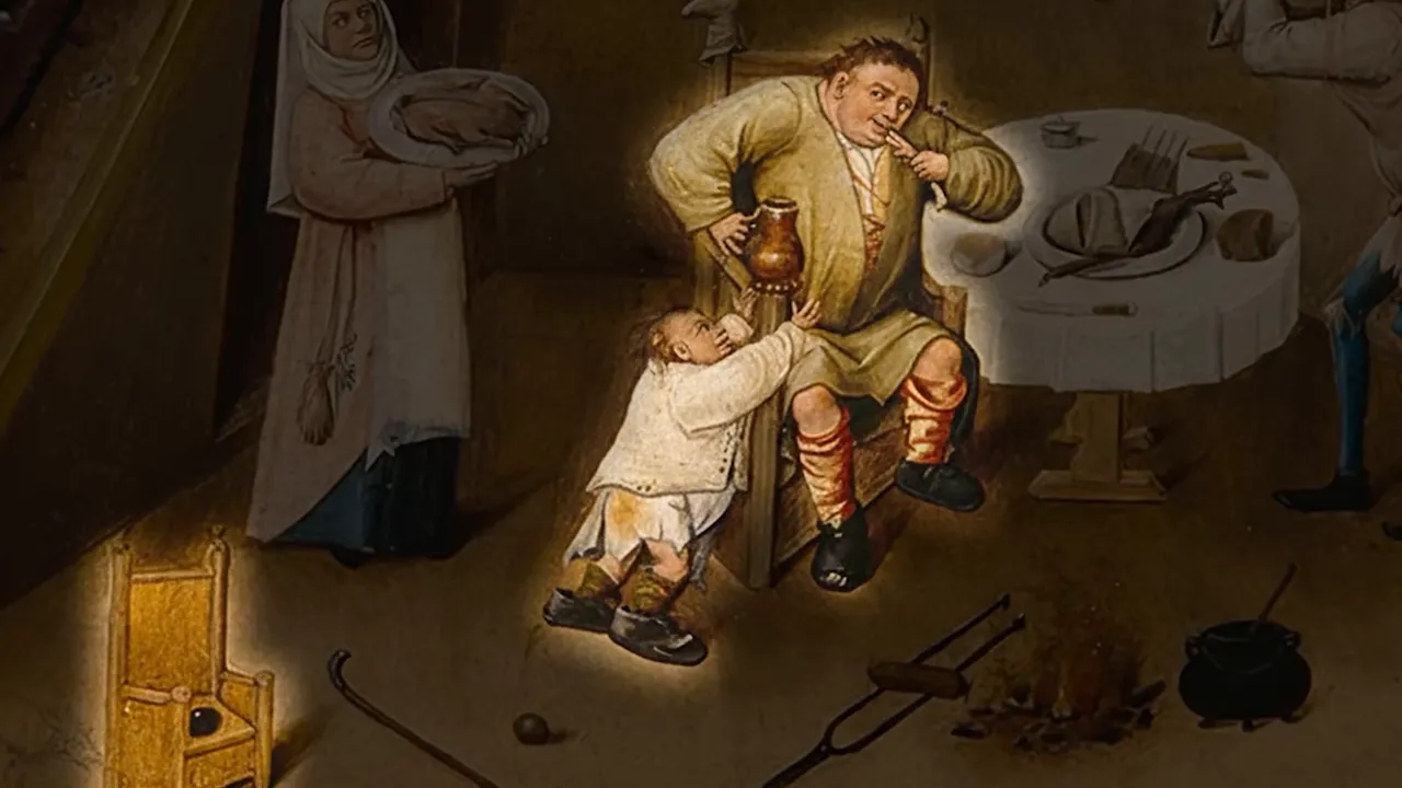 Dying man attended in a cluttered room with food-related objects, reflecting Bosch’s moral warning imagery