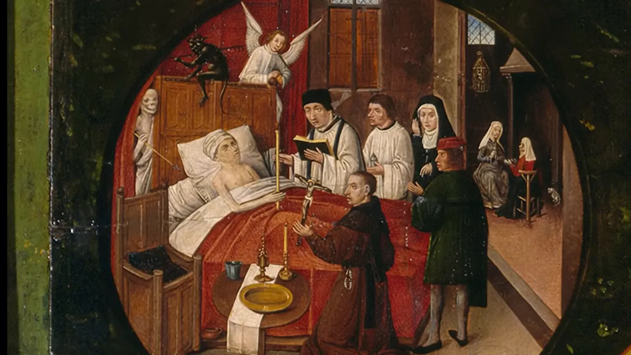 Bosch’s deathbed scene featuring angel, devil, clerics, and mourners around the dying man