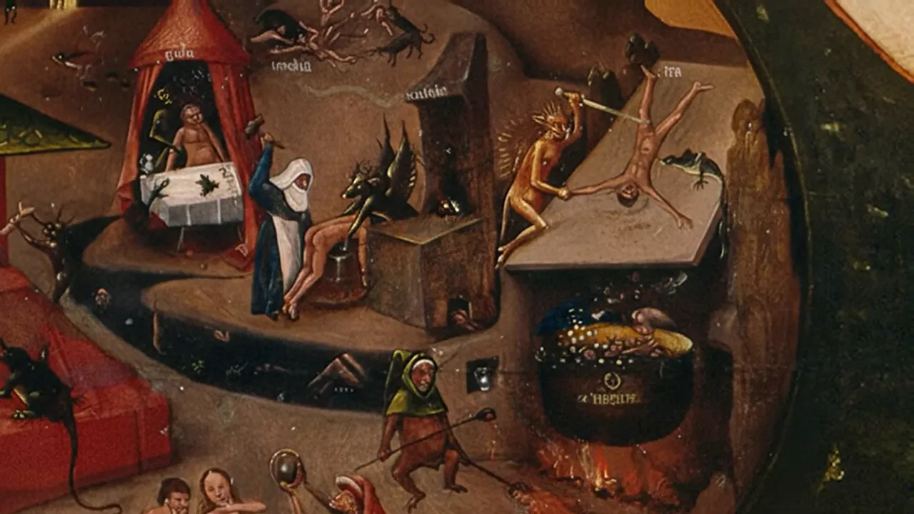 Clear view of Bosch’s hell scene showing devilish torments and sinners from The Seven Deadly Sins and the Four Last Things