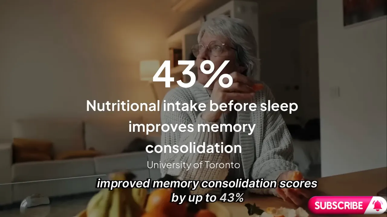 Senior adult holding food in bed with on-screen text showing 43% improved memory consolidation scores from University of Toronto