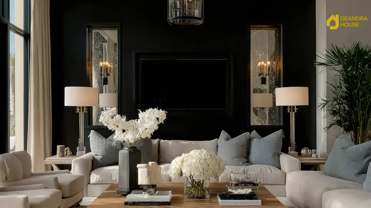 Luxury living room with integrated TV on dark feature wall, warm lamps, and polished coffee table
