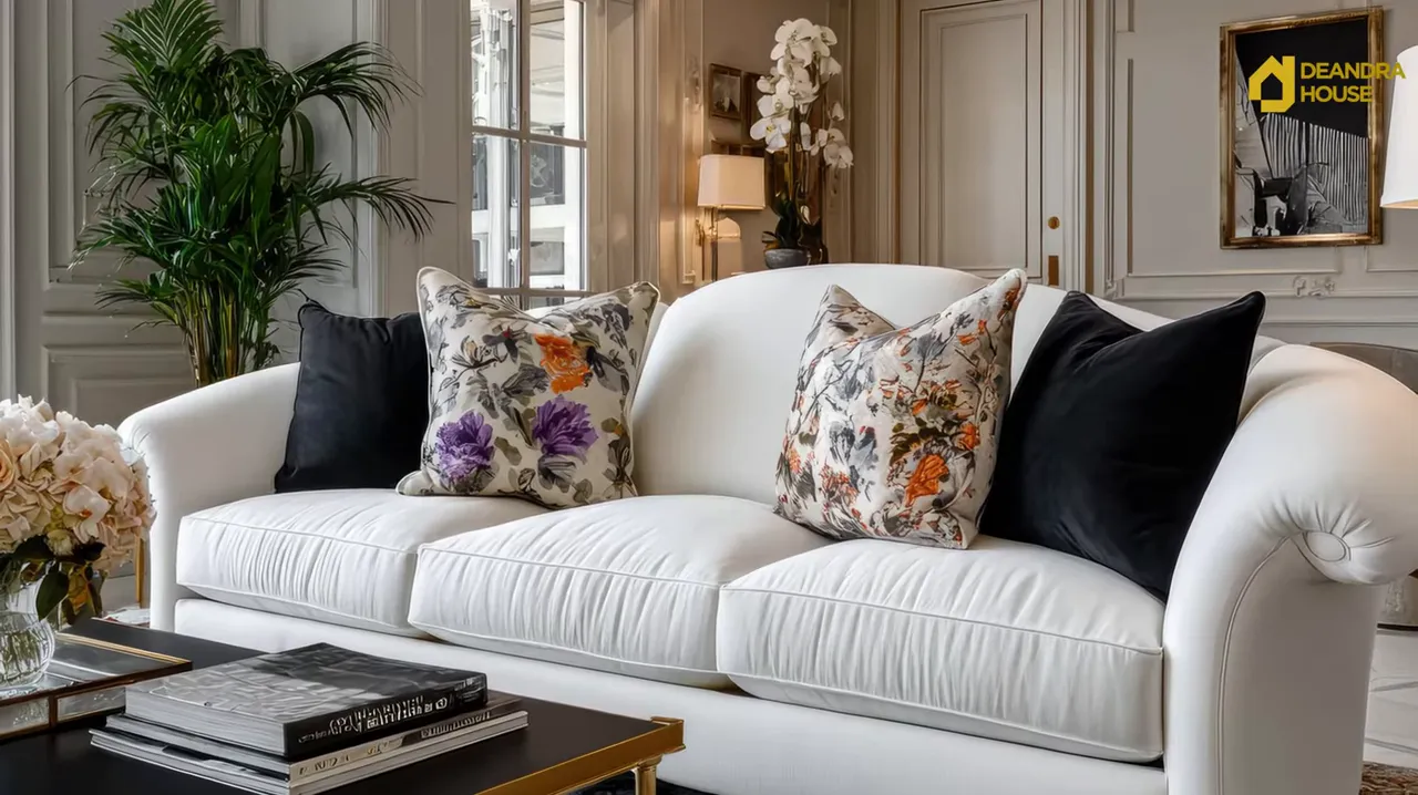 Elegant luxury living room with white sofa, decorative pillows, and curated coffee table styling