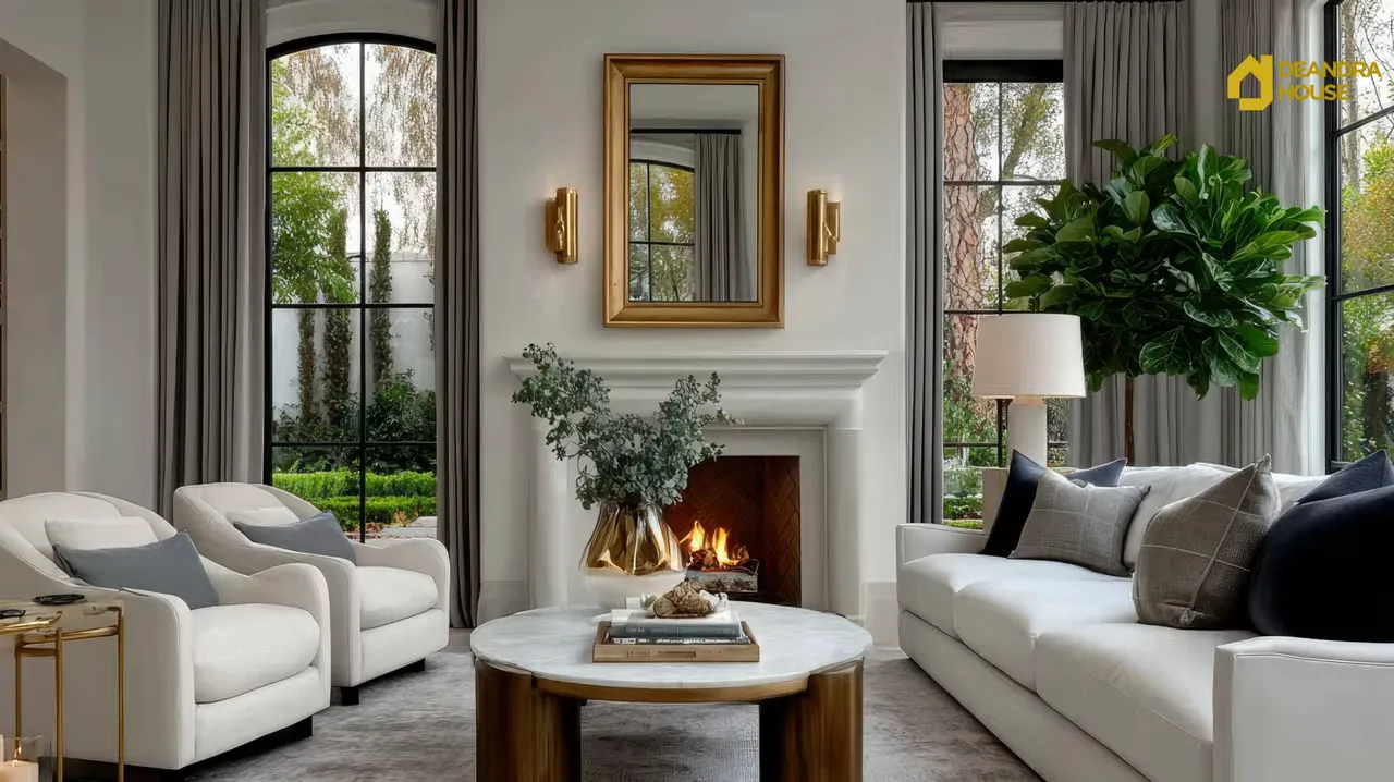 Warm luxury living room with fireplace, neutral seating, gold wall sconces, and large mirror