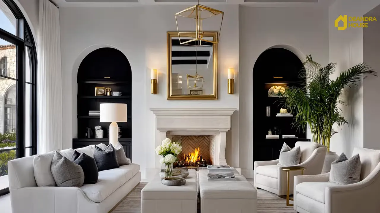 Understated luxury living room with symmetrical fireplace, white sectional seating, and gold lantern chandelier
