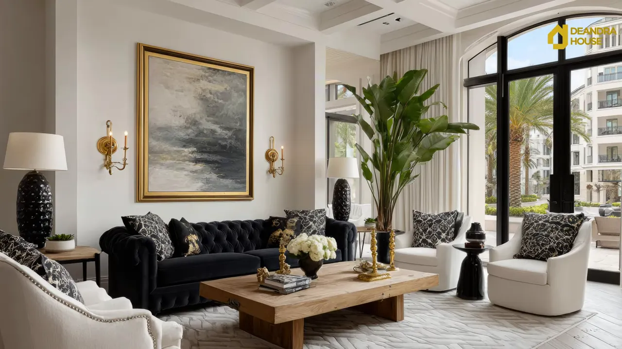 Luxury living room with dark velvet sectional, sculptural coffee table, wall sconces, and warm ambient lighting