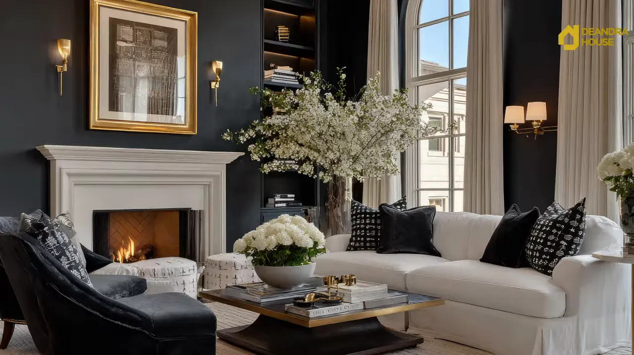 Modern luxury living room featuring a white sectional, black pillows, warm fireplace glow, and styled coffee table