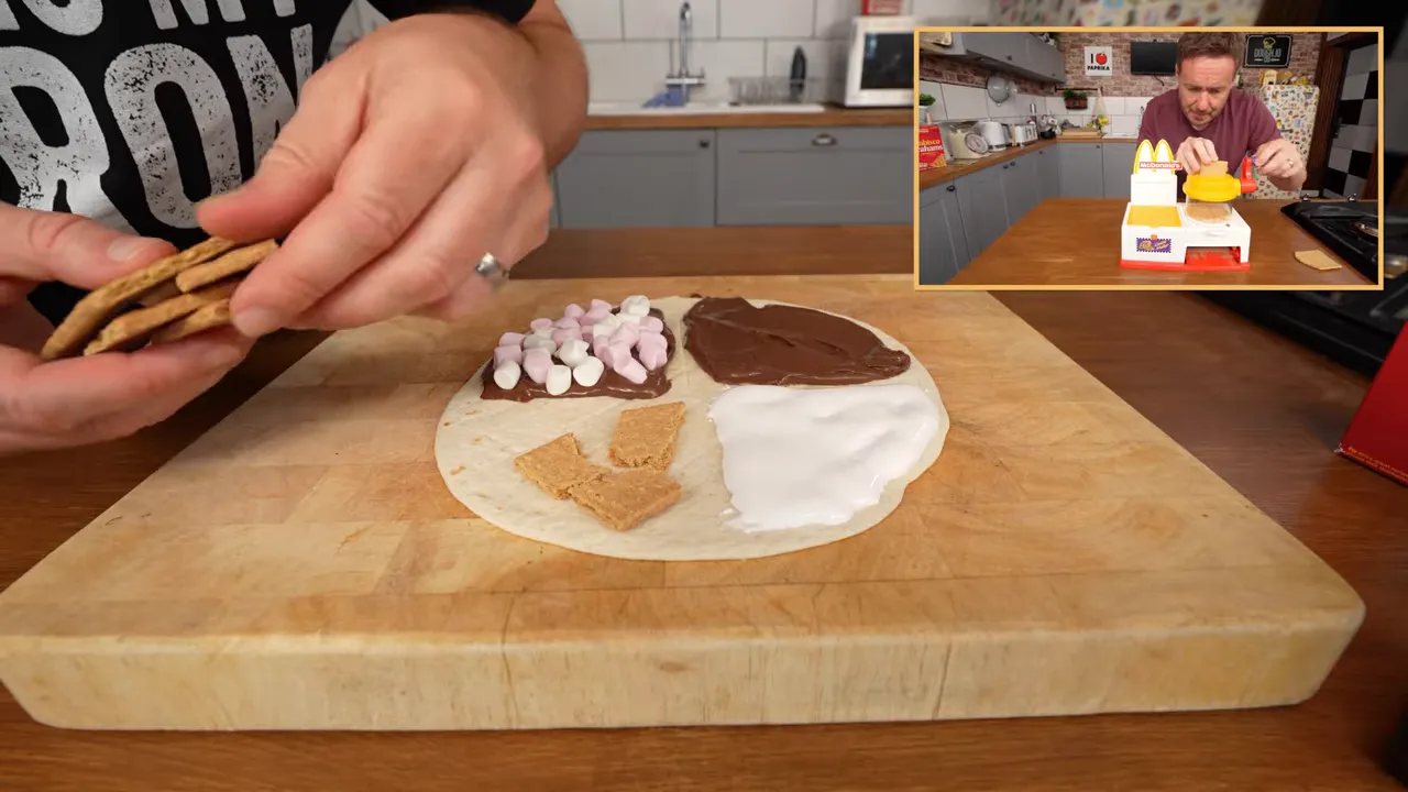 Tortilla divided into sections with Nutella marshmallow fluff mini marshmallows and crushed crackers