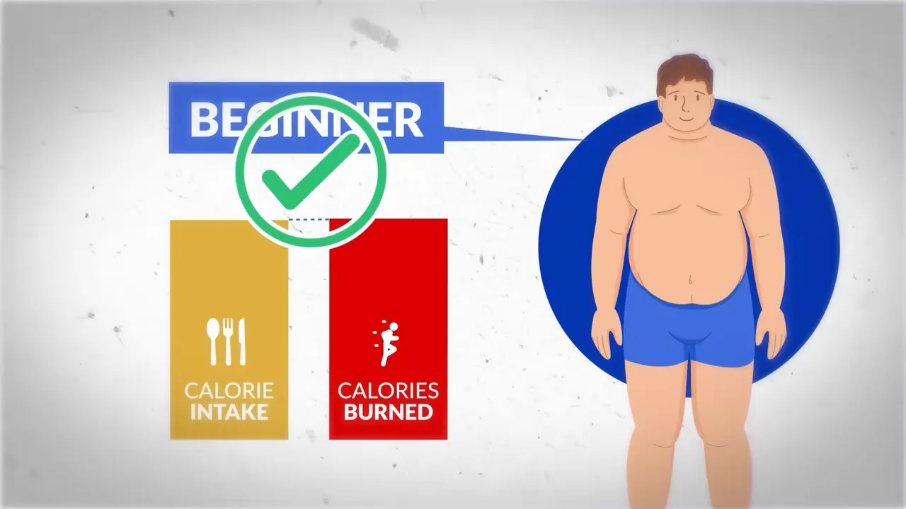 Infographic showing two bars labeled 'Calorie Intake' and 'Calories Burned' next to an animated person and a 'Beginner' label with a check mark