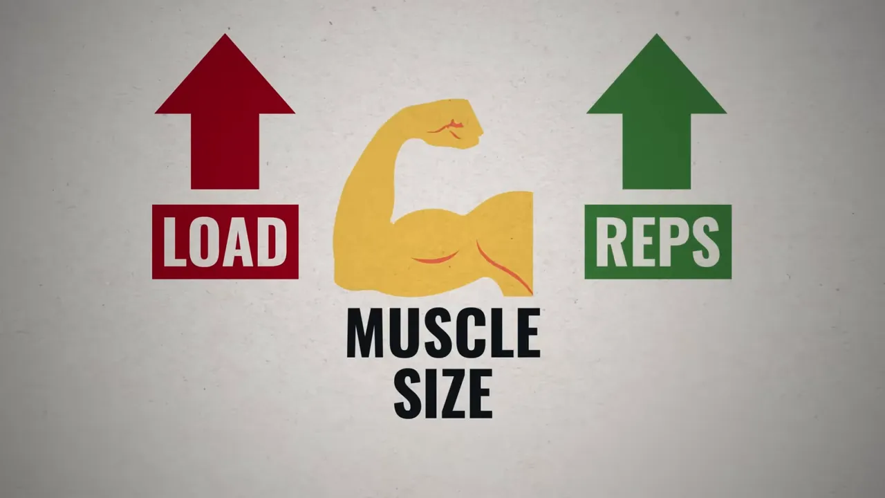 Graphic showing 'LOAD' (red arrow) and 'REPS' (green arrow) pointing up toward a stylized muscle with the words 'MUSCLE SIZE'