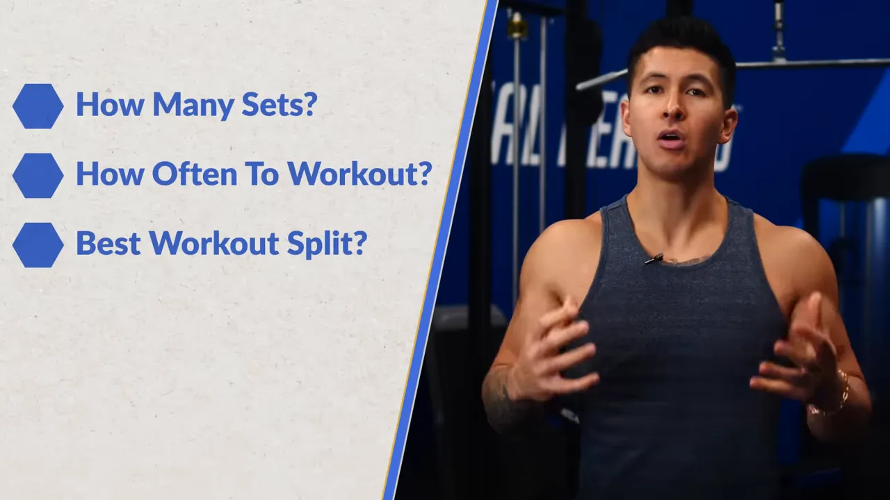 Presenter beside a slide listing 'How Many Sets? How Often To Workout? Best Workout Split?'.