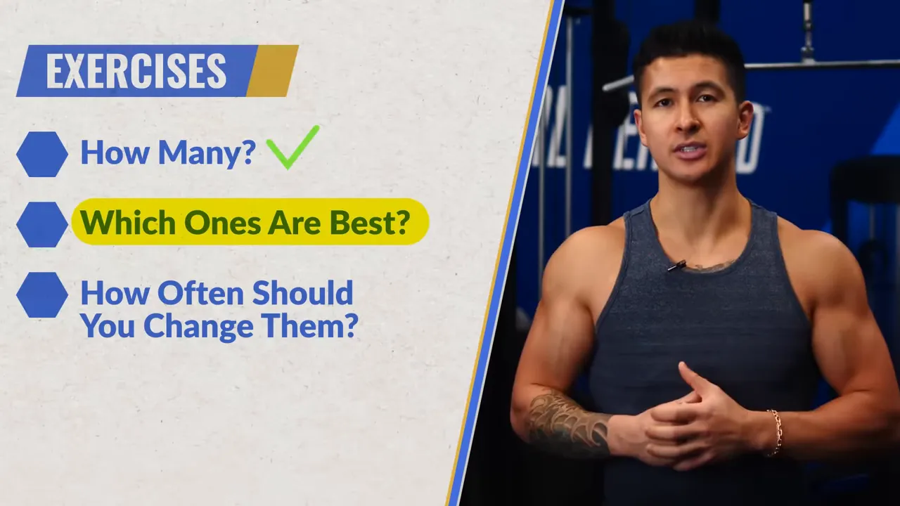 Slide titled 'EXERCISES' with checklist 'How Many? Which Ones Are Best? How Often Should You Change Them?' and presenter on the right