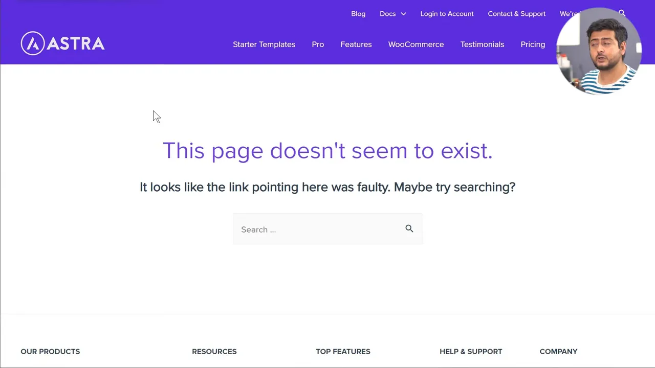 Trang lỗi 404 của website Astra với thông báo không tìm thấy nội dung