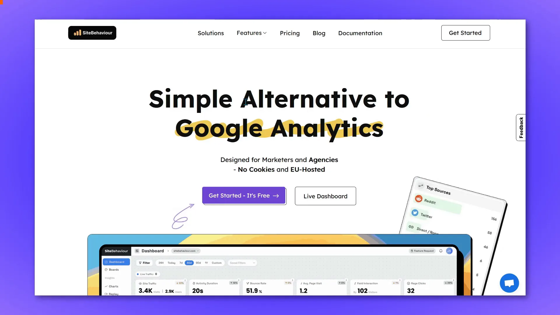 Site Behavior homepage showing simplified analytics dashboard