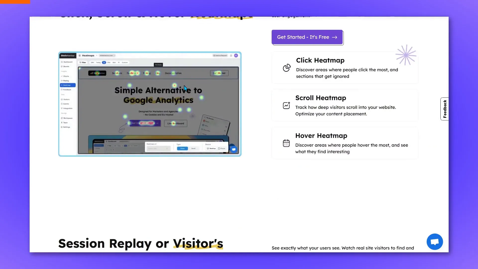 Heat maps feature showing user interactions on a webpage