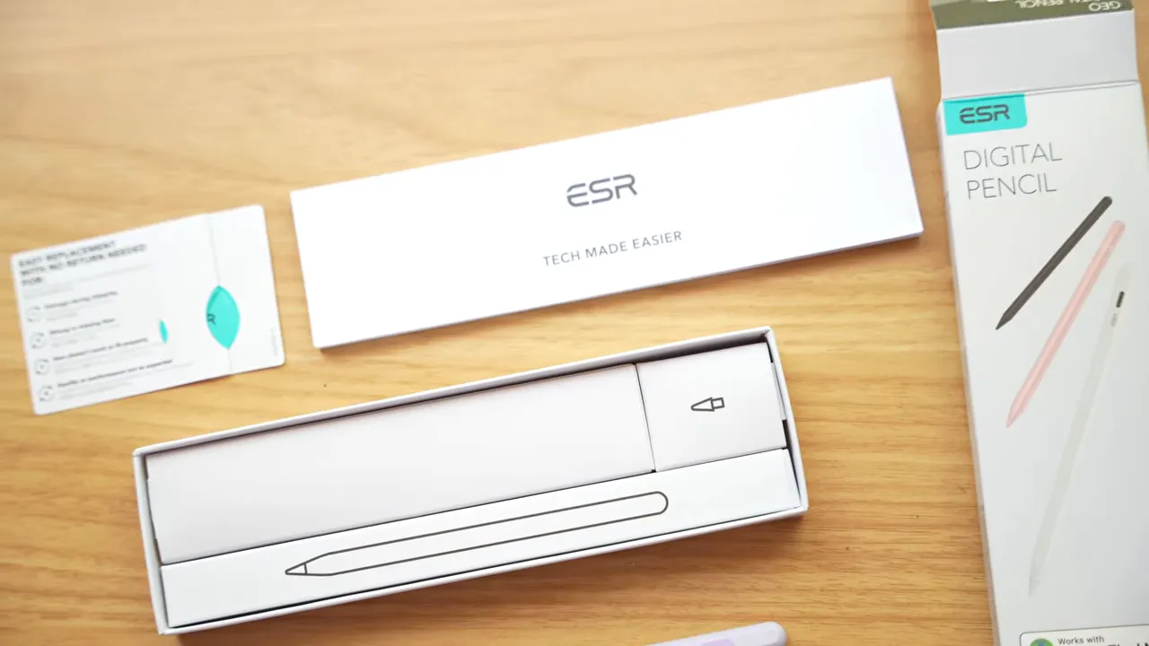 ESR Geo Digital Pencil packaging and box components on a wooden surface