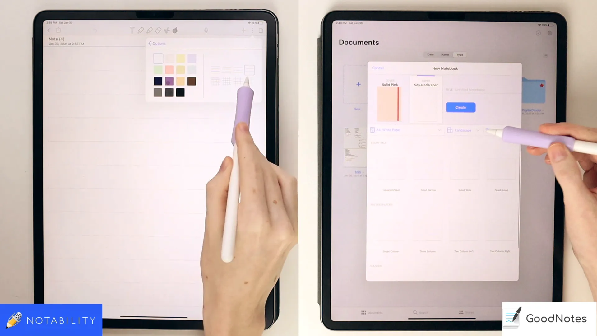 Notability page type selection