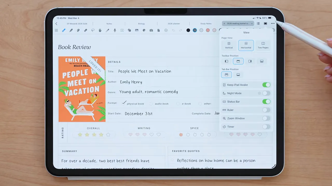 Noteful iPad settings showing toggles for ruler and zoom window