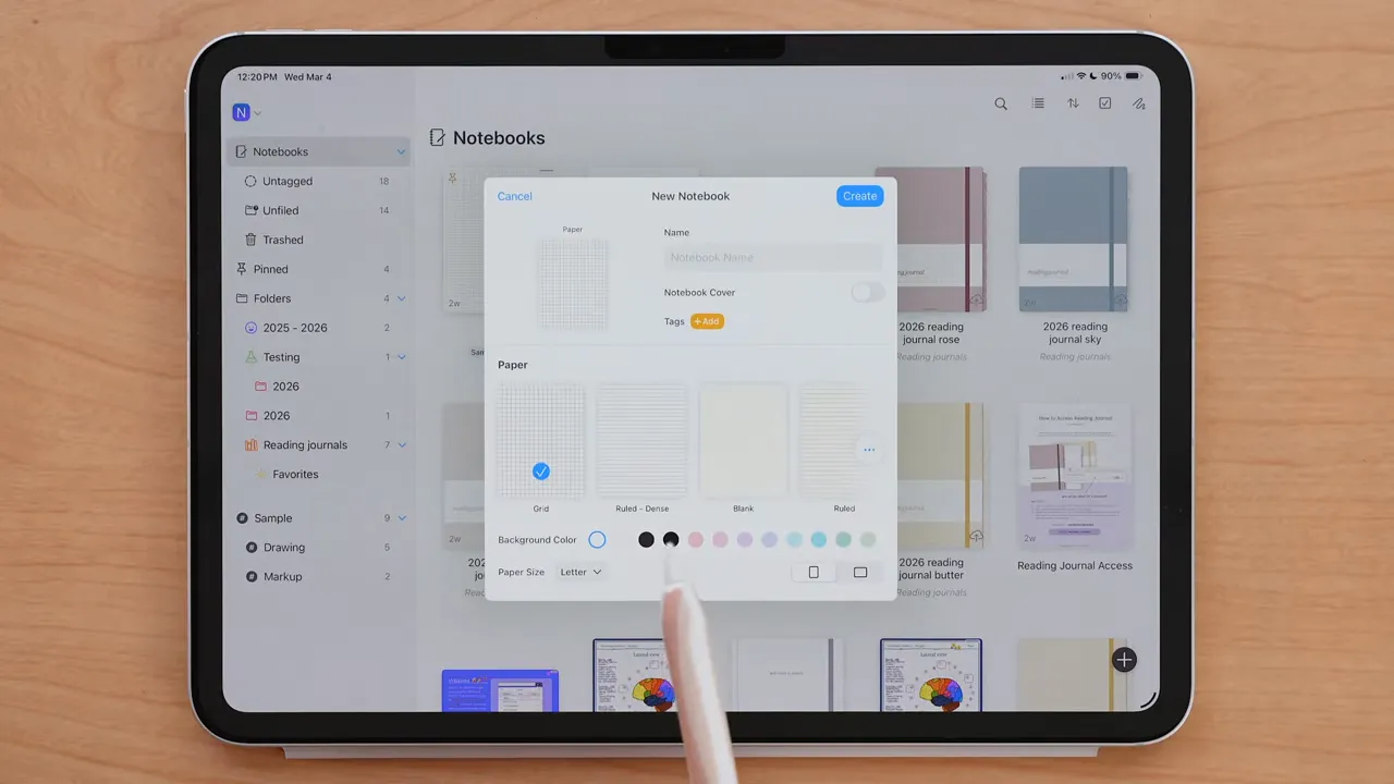 Noteful create new notebook settings showing paper, name, and cover options