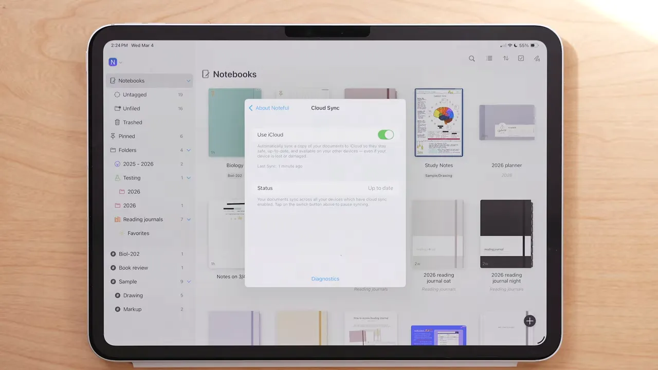 Noteful About Noteful popover showing Cloud Sync options on iPad
