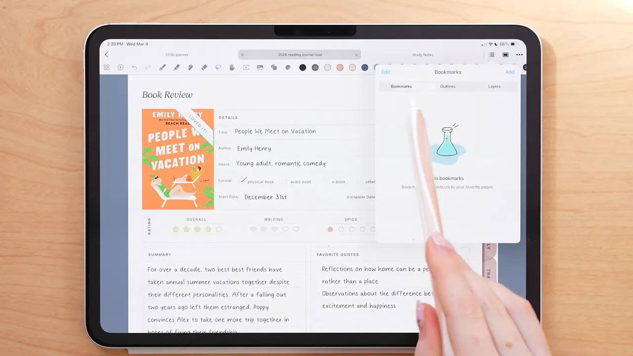 Noteful Outlines panel showing book navigation inside a notebook