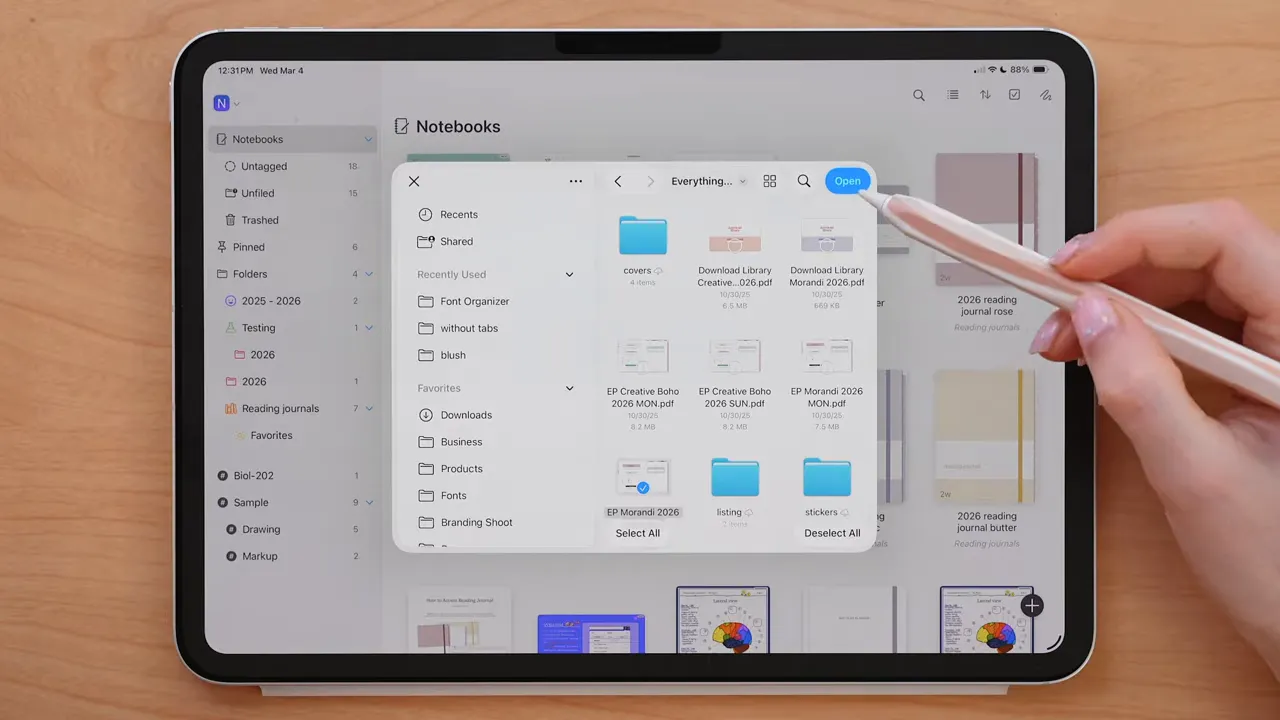 Noteful notebooks import menu with a file highlighted and open action