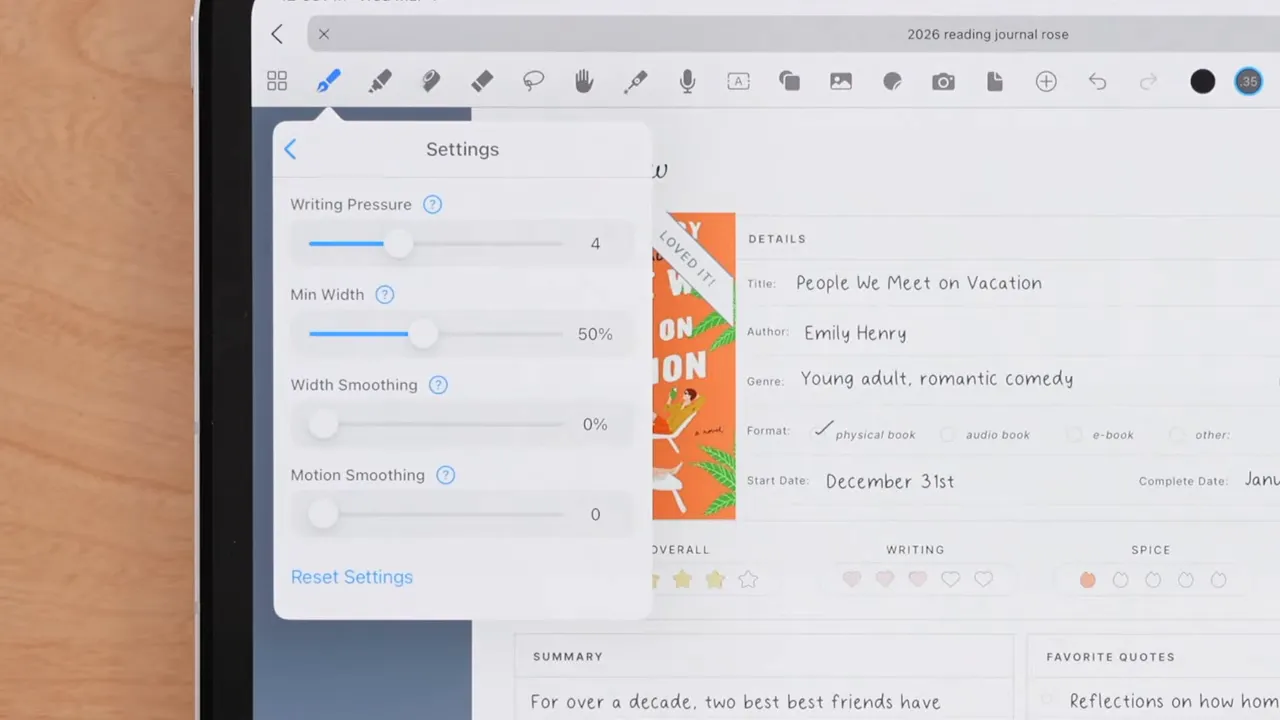 Noteful pen settings screen showing motion smoothing slider