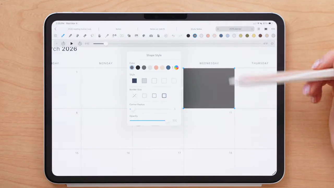 Noteful shape style settings panel showing options for color, border size, corner radius, and opacity