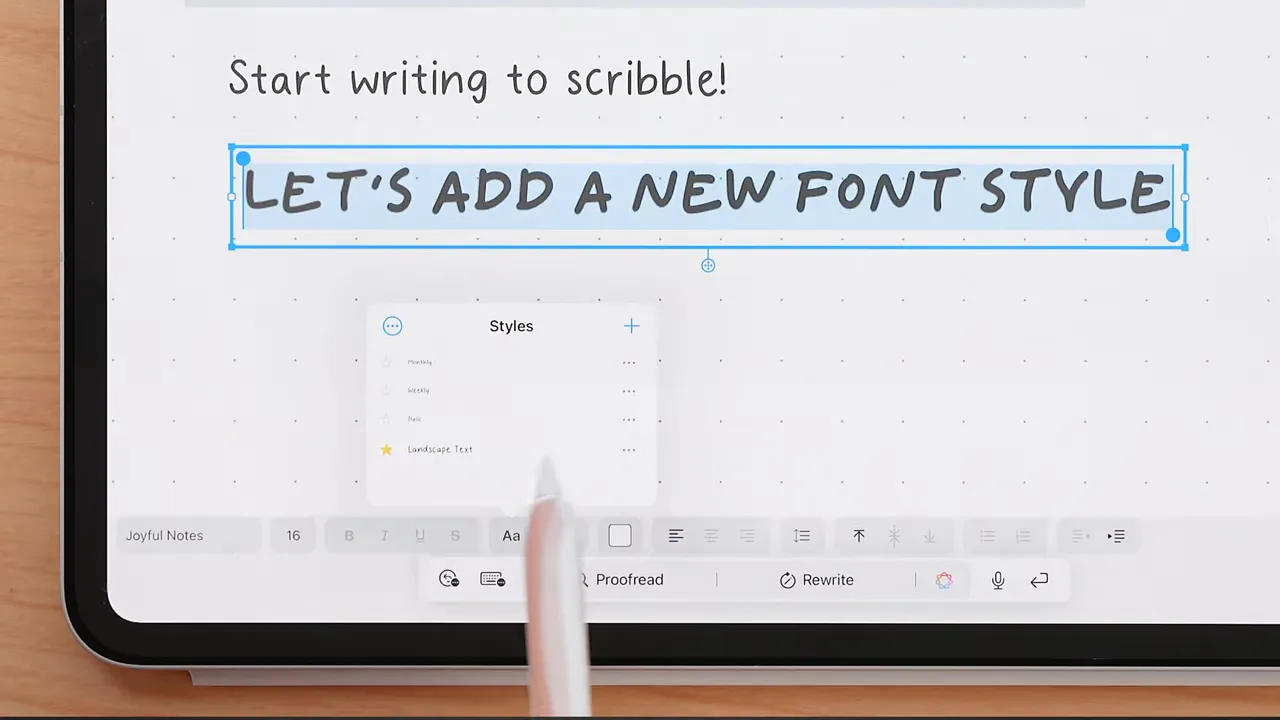 Noteful iPad showing the Styles panel while a handwritten text selection is highlighted