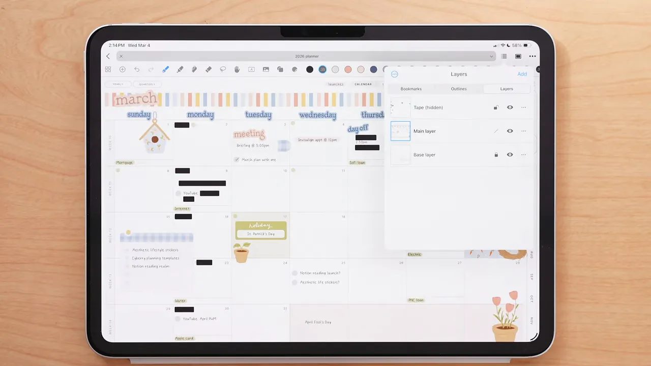Noteful iPad planner with the Layers panel open showing layer options like Tape, Main layer, and Base layer