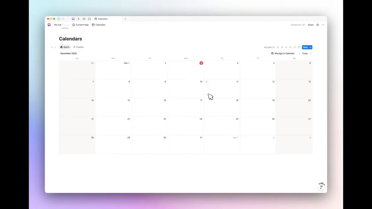 Clear Notion calendar month view with 'Calendars' title and mouse cursor pointing at a date