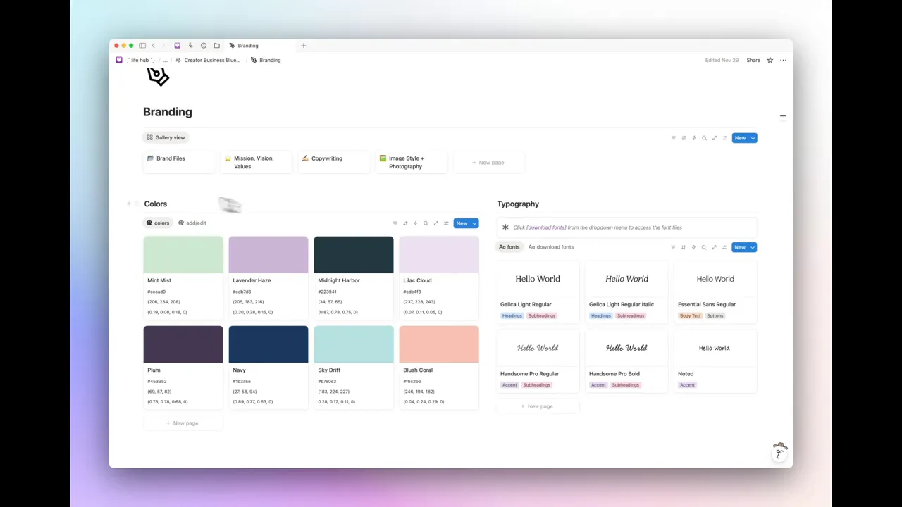 Notion Branding page showing a grid of color swatches and typography examples in gallery view