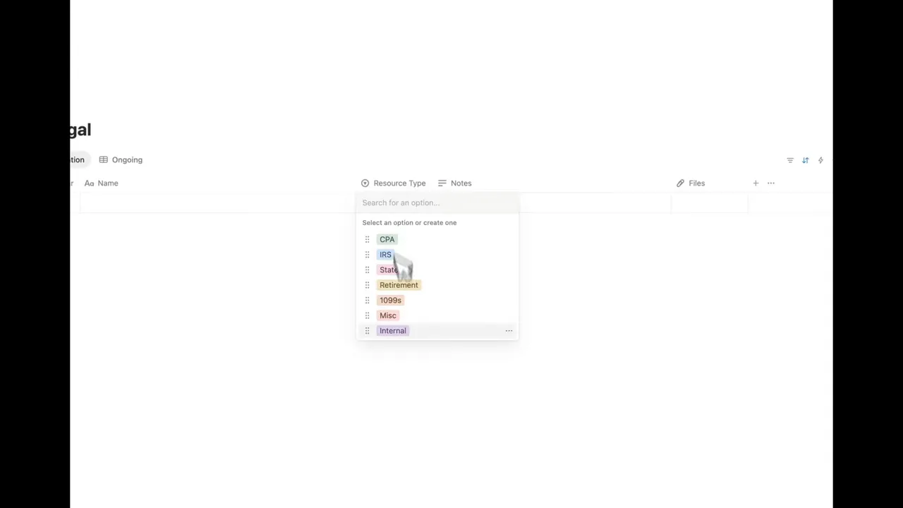 Notion Tax & Legal page with Resource Type dropdown open listing CPA, IRS, State, Retirement, 1099s, Misc, Internal