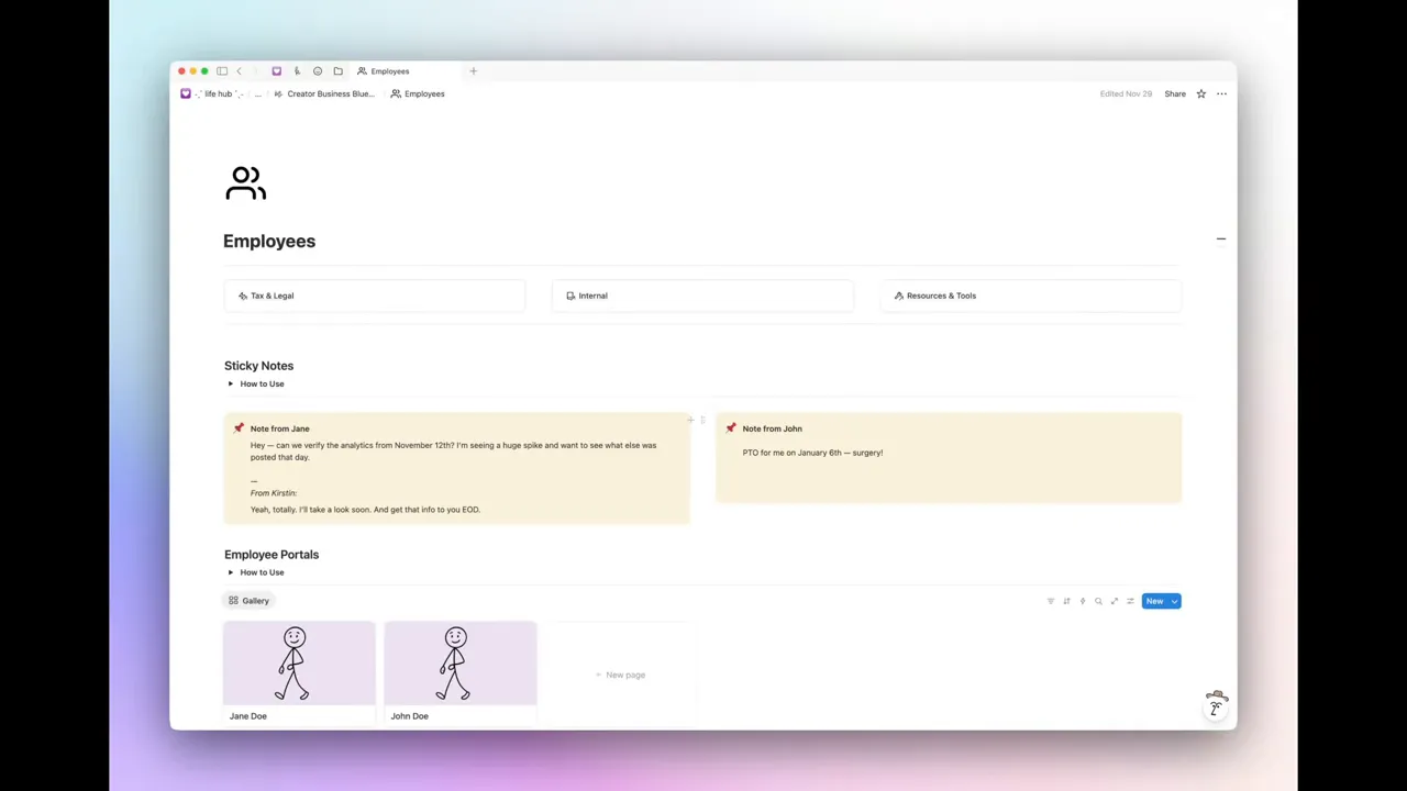 Clear Notion Employees page with Sticky Notes section and Employee Portals gallery for onboarding
