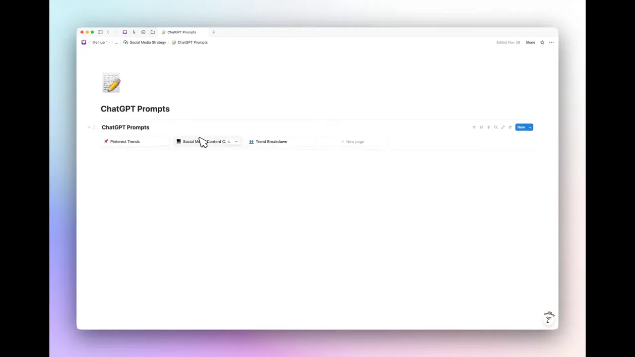 Notion ChatGPT Prompts page showing prompt library tabs like Pinterest Trends and Social Media Content Calendar