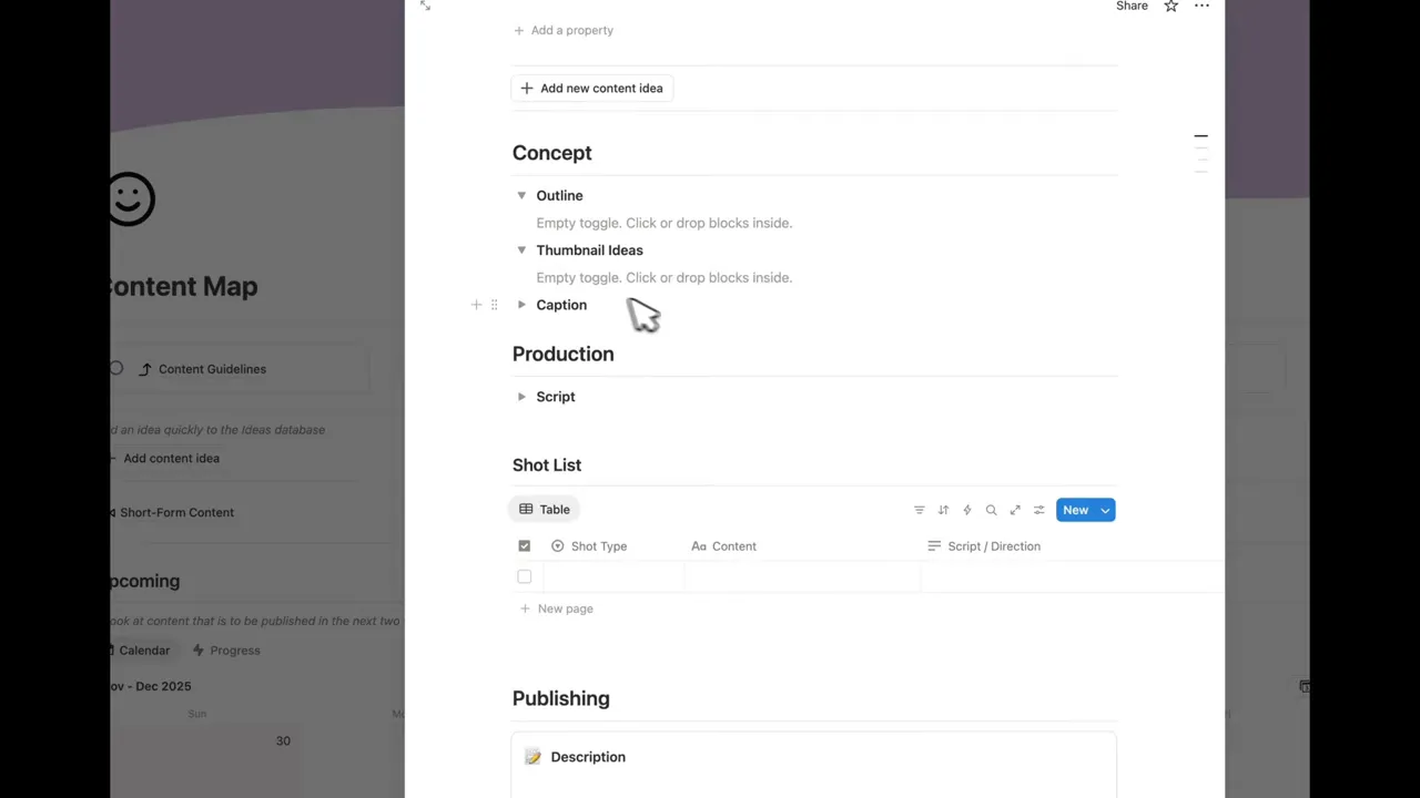 Notion content template with concept toggles, production script, shot list table and publishing fields