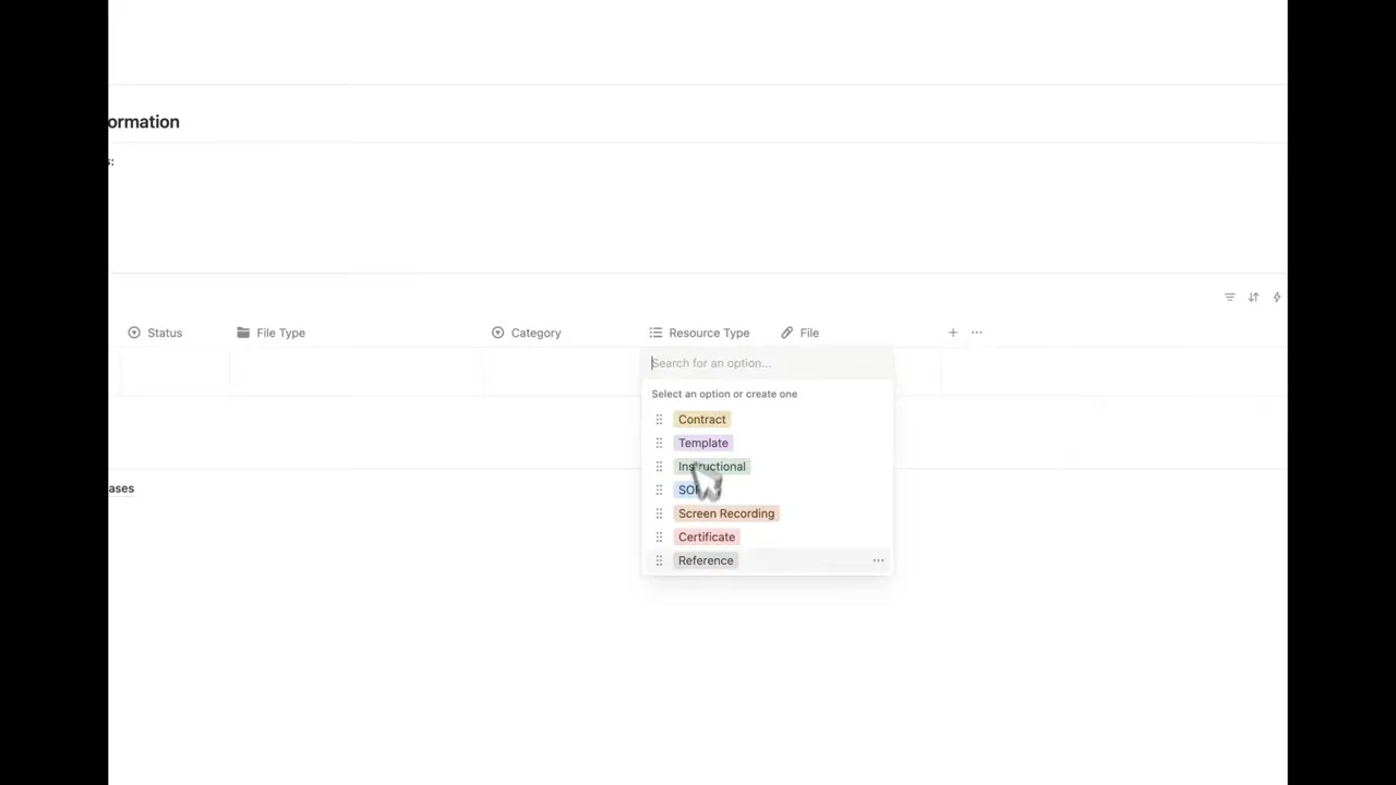 Notion Internal files type dropdown showing options: Contract, Template, Instructional, SOP, Screen Recording, Certificate, Reference