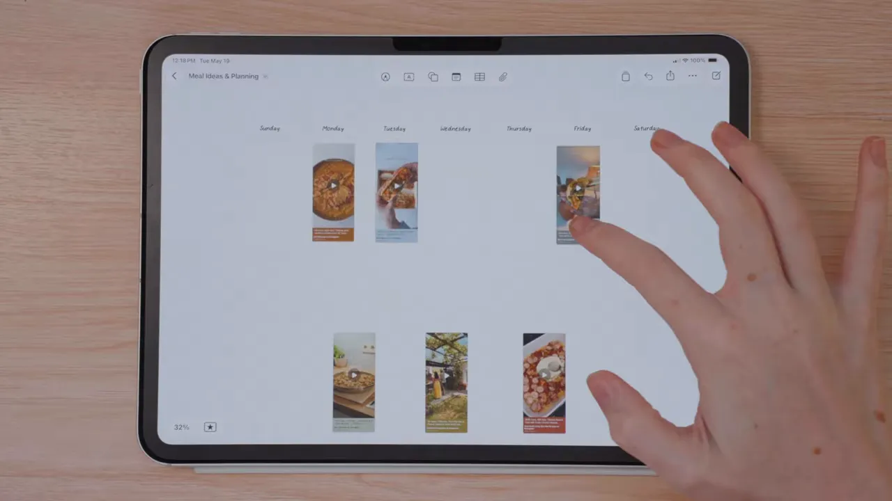 Freeform meal planning board with recipe cards arranged by day on an iPad