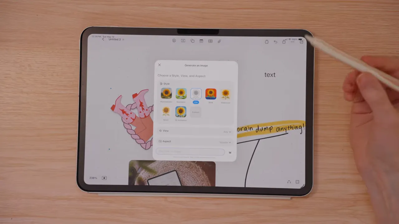 Freeform image generation settings window with style and view options on iPad