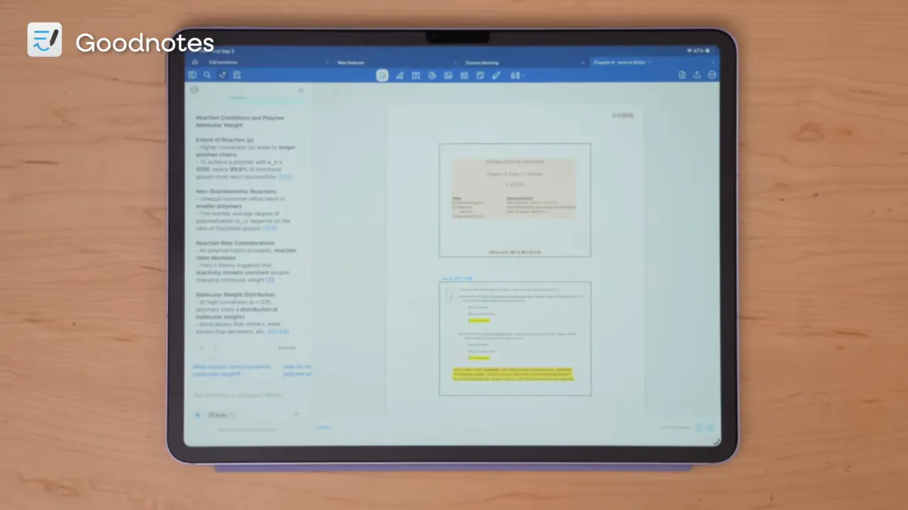 GoodNotes AI panel open beside a study document on iPad