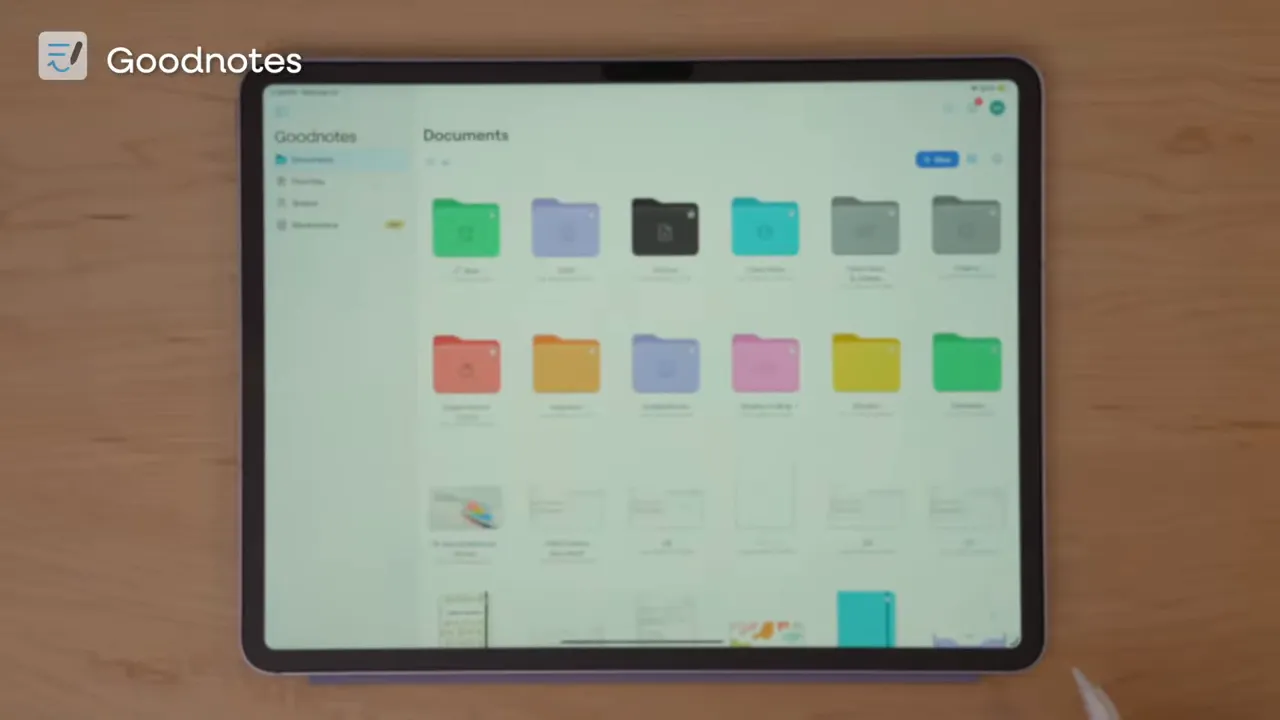GoodNotes library view with colorful folders and notebooks on iPad