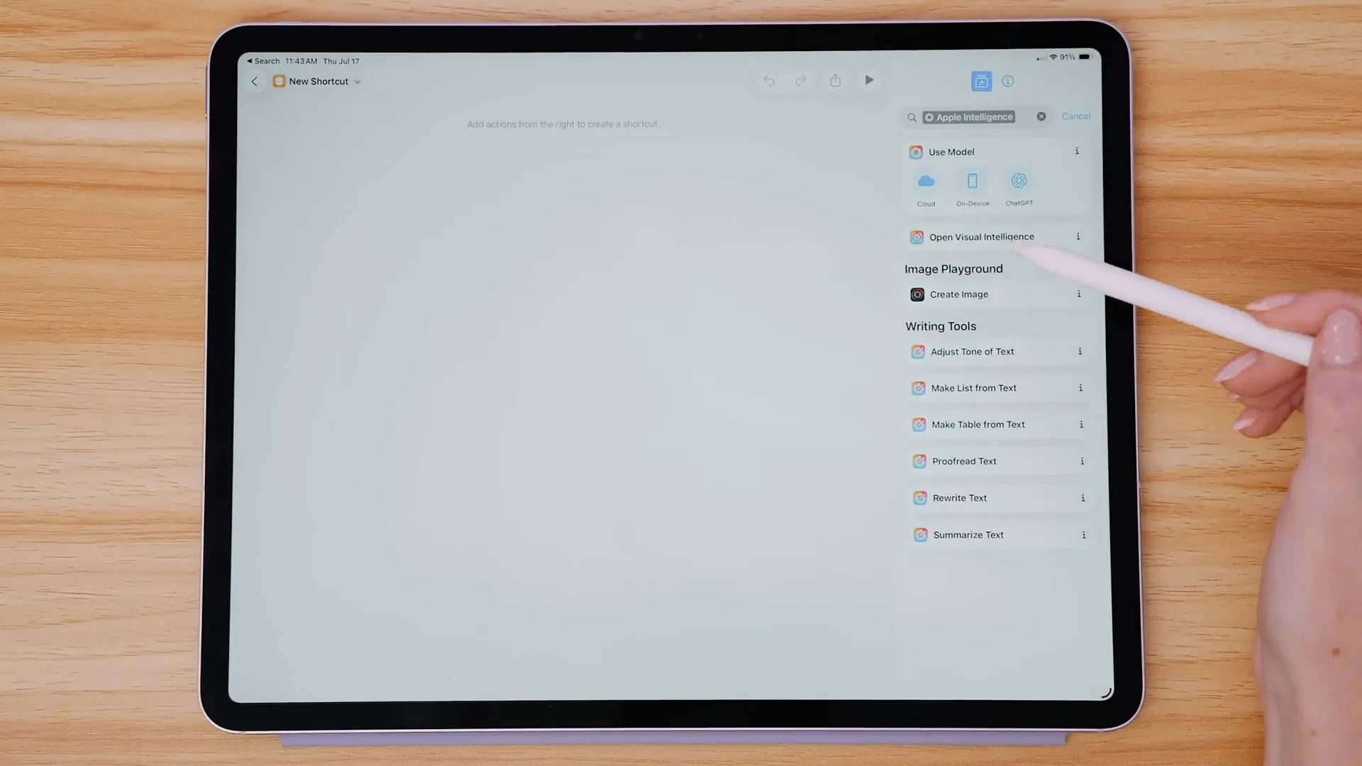 Shortcuts showing Apple Intelligence actions and model choices