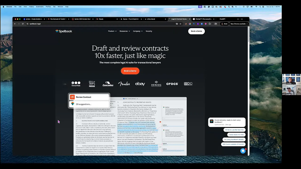 High-clarity screenshot of the Spellbook homepage with 'Draft and review contracts' headline and a visible 'Review Contract' 26 suggestions popup over a contract preview.