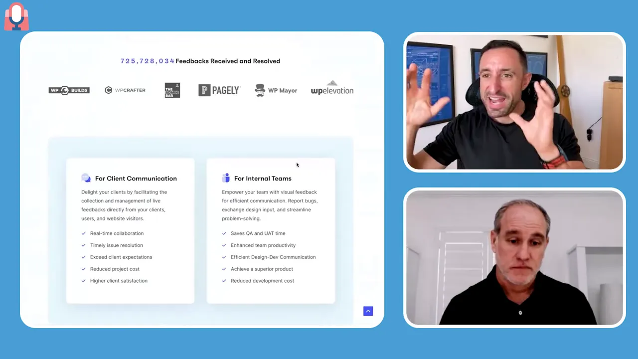 Website feature section showing two cards labeled 'For Client Communication' and 'For Internal Teams' with two speakers in video panels to the right.