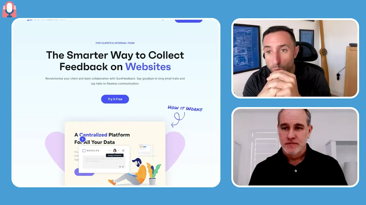 Screenshot of a feedback platform landing page reading 'The Smarter Way to Collect Feedback on Websites' with two presenters in webcam frames on the right — clear view of the UI and headline.