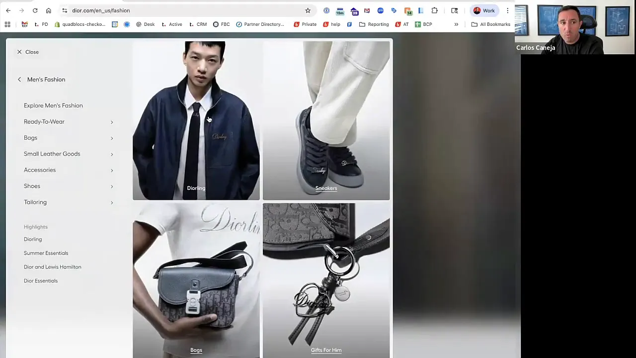 Dior mega-menu showing men's fashion categories with large category images for jackets, sneakers, bags and accessories