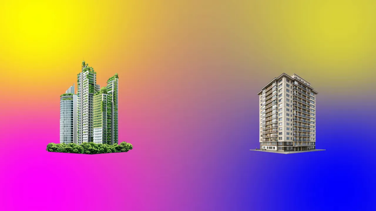 Hai tòa nhà đứng tách biệt và hình người với dấu hỏi ở giữa