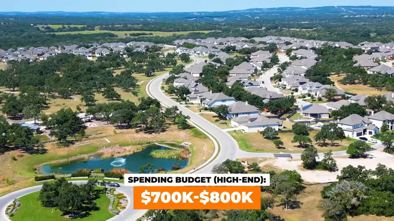 Aerial view of a suburban neighborhood with an on-screen label 'SPENDING BUDGET (HIGH-END): $700K-$800K'